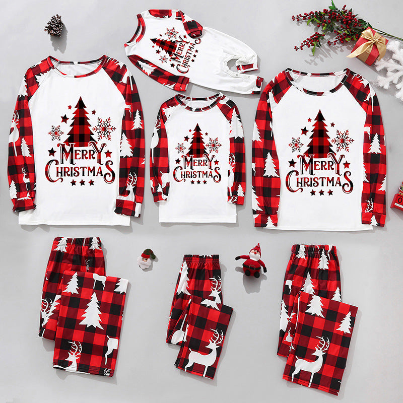 Parent-child Leisure Wear Set Plaid Stitching Printing Christmas