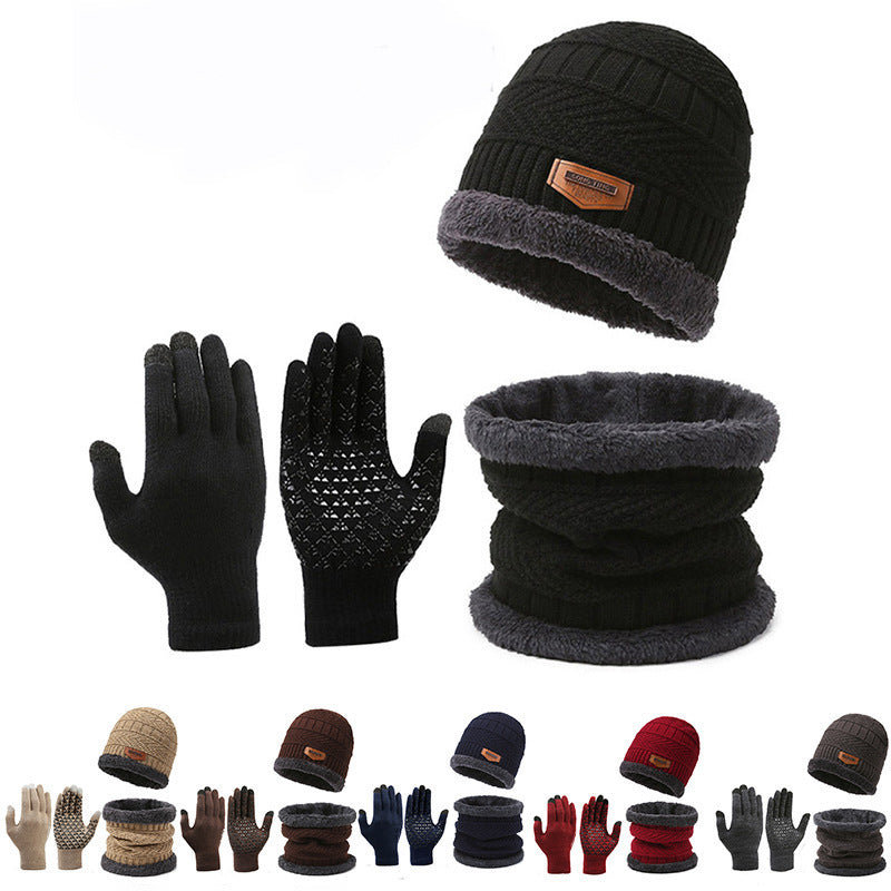 Men's Winter Scarf Gloves Three-piece Set Fleece-lined Warm Knitted Hat