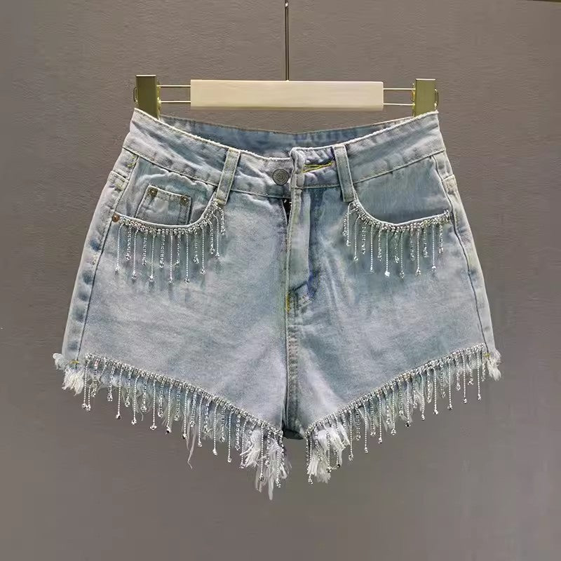 Summer High Waist Slimming Edging Heavy Industry Rhinestone Tassel Denim Shorts