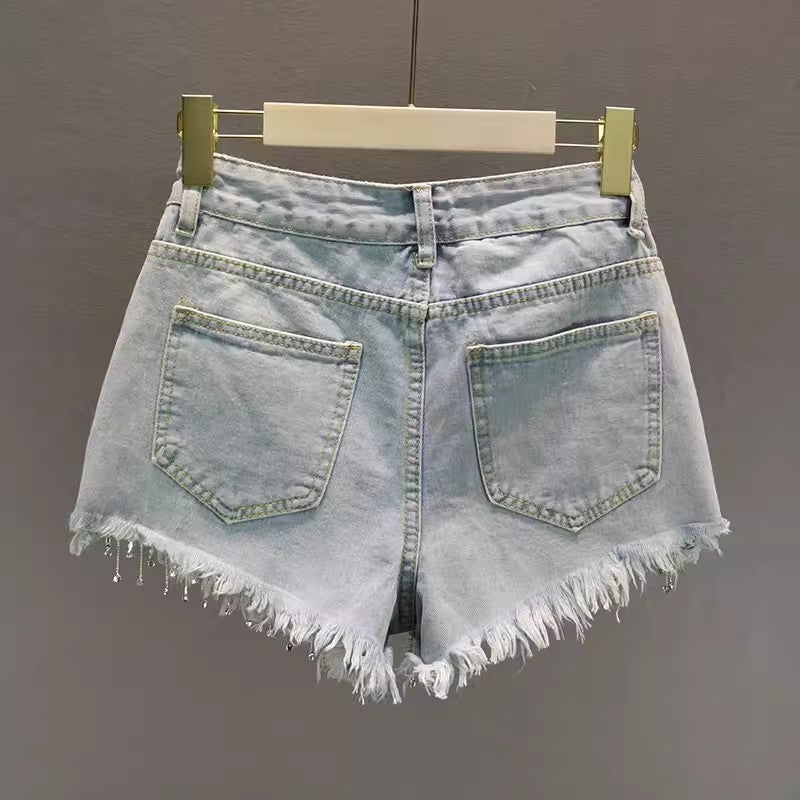 Summer High Waist Slimming Edging Heavy Industry Rhinestone Tassel Denim Shorts