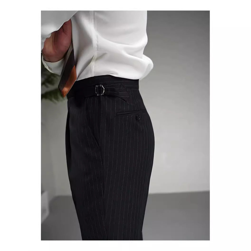 Autumn Wool Blended Single Pleated Striped Suit Pants