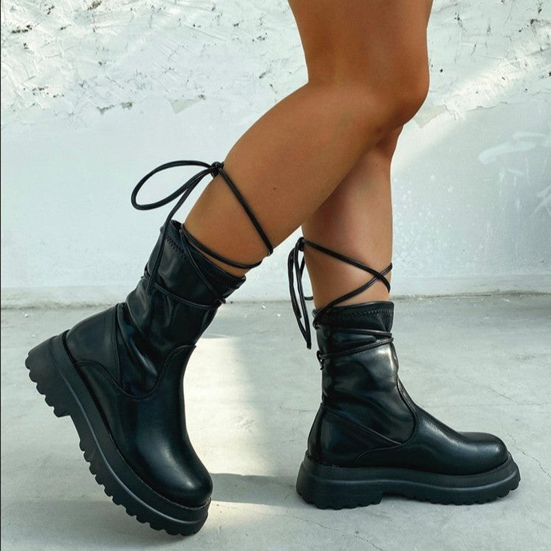 Platform Lace-up Middle Boots Plus Size Platform Heel Ankle Boots