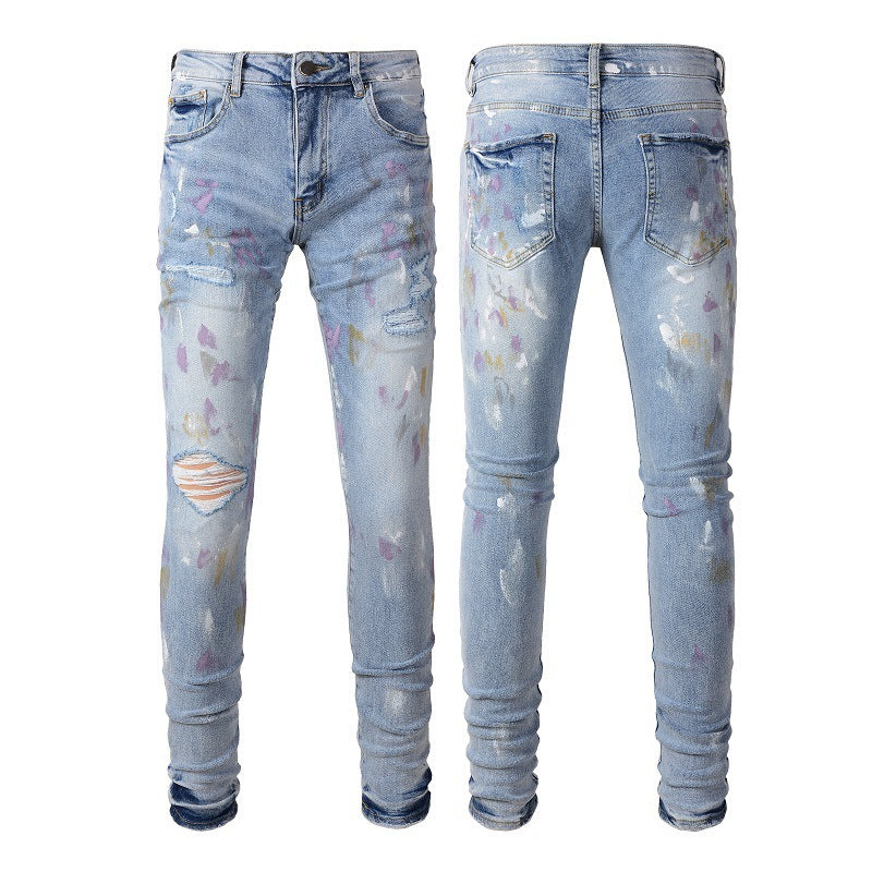 European And American Autumn Retro Colorful Paint-splashing Style Graffiti Stretch Men's Jeans