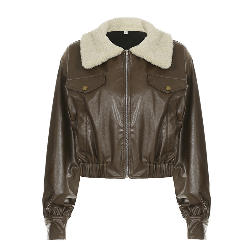 Retro Fur Collar Workwear Leather Jacket Design Sense