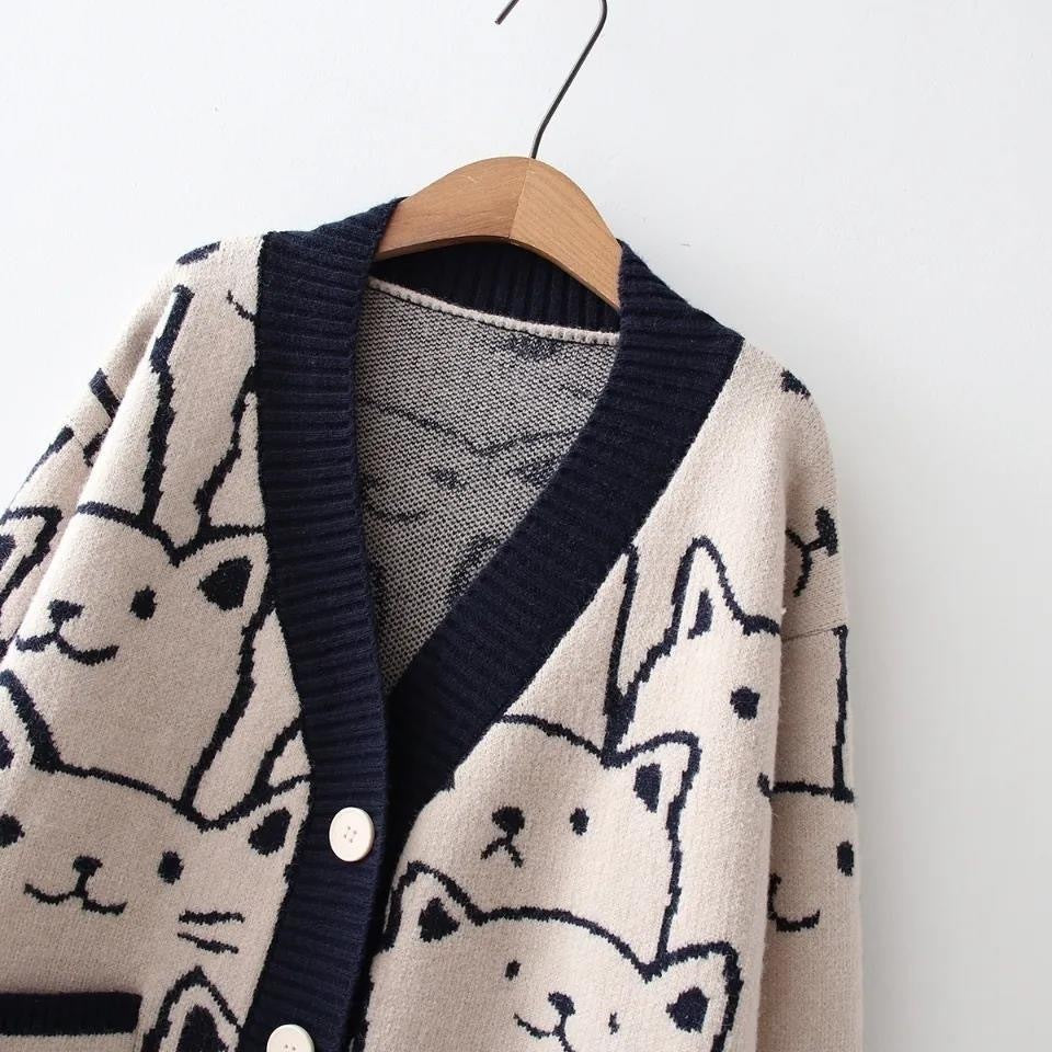 Loose Western Style Long Sleeve Knitted Cardigan Cartoon Sweater