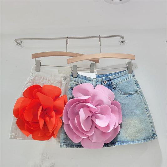 Design Flower High Waist Denim Skirt Women's A- Line Hot Girl Shorts Sheath Culottes Skirt