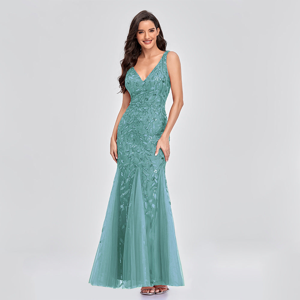 Sexy Long Dress Sleeveless V-neck Embroidered Sequin Slim Mermaid Dress