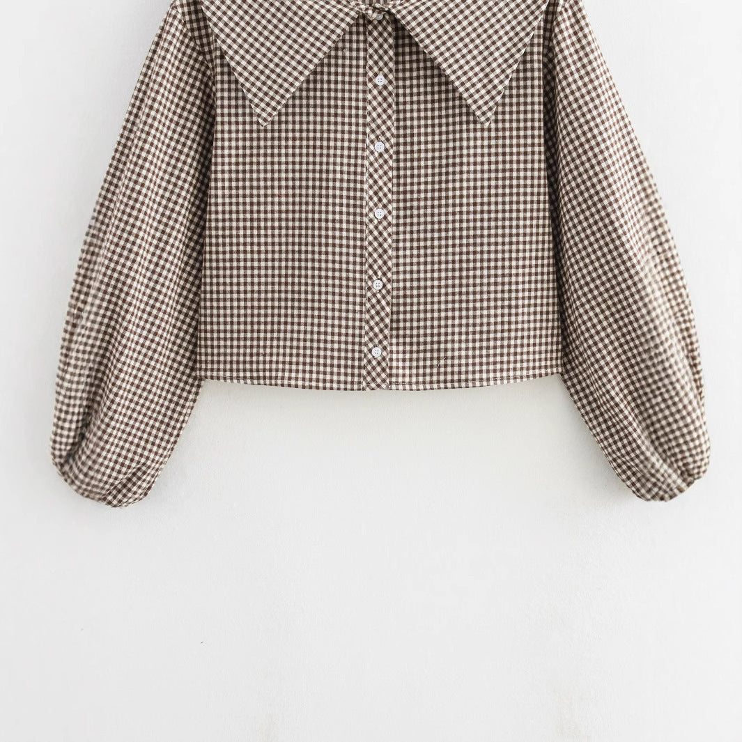 Women's Small Round Lapel Plaid Shirt