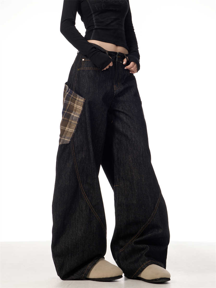 Retro Plaid Stitching Jeans Women's Straight Wide-leg Pants