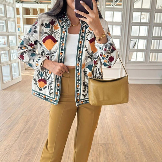 Round Neck Print Long Sleeves Jacket Coat