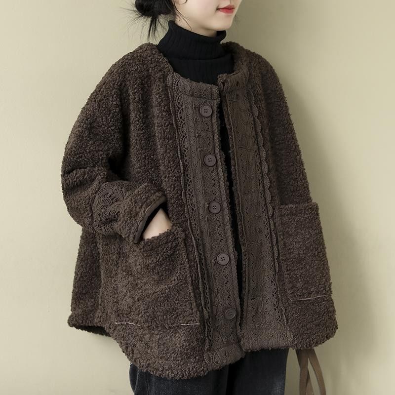 Artistic Retro Loose Long Sleeve Warm Coat Lambswool