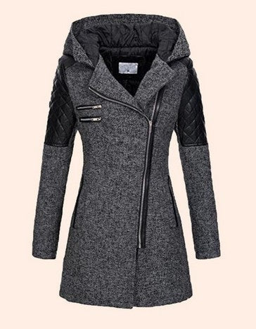 Oblique Zipper Hooded Thickened Thermal Mid-length Trench Coat