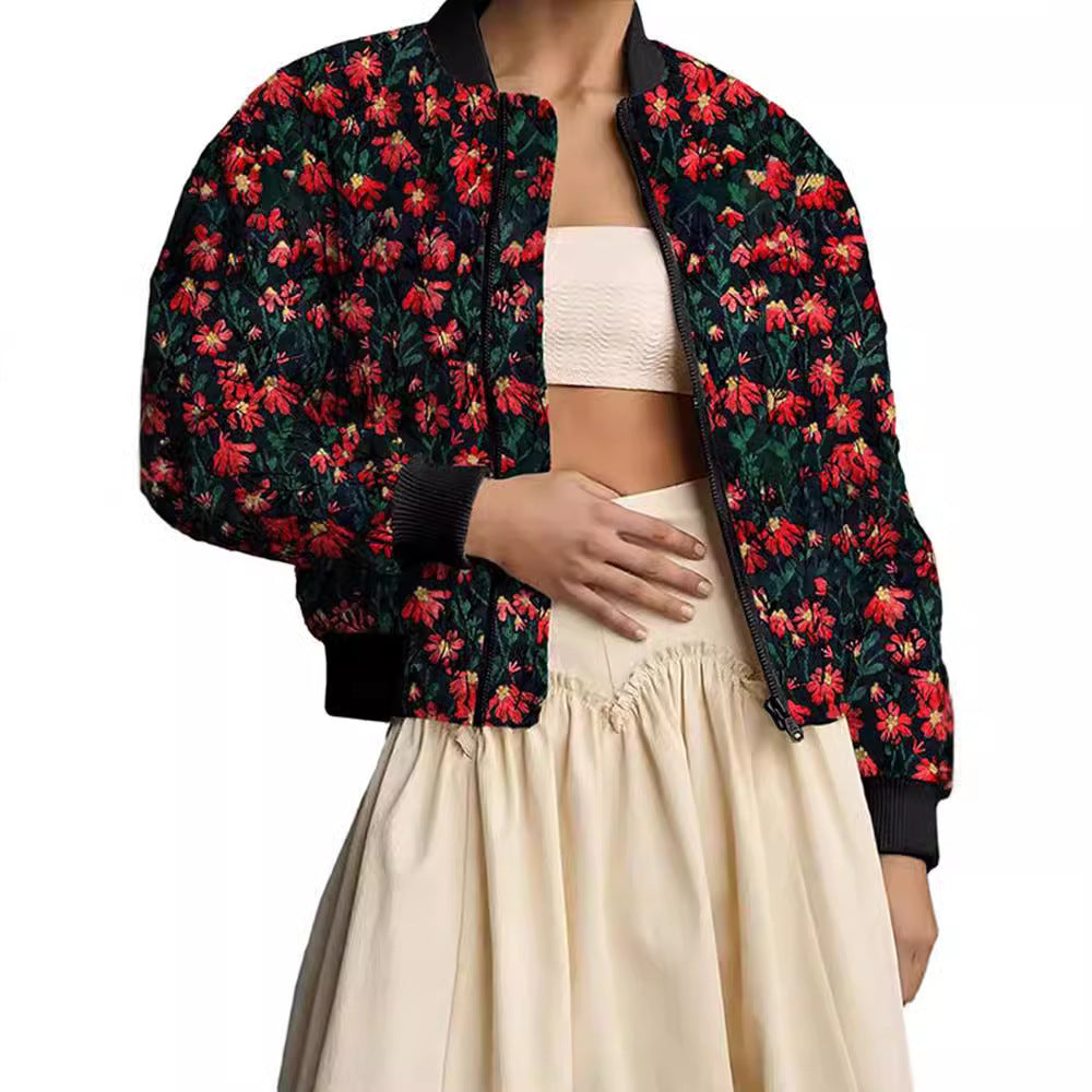 Women's Loose And Versatile Daisy Print Zipper Jacket