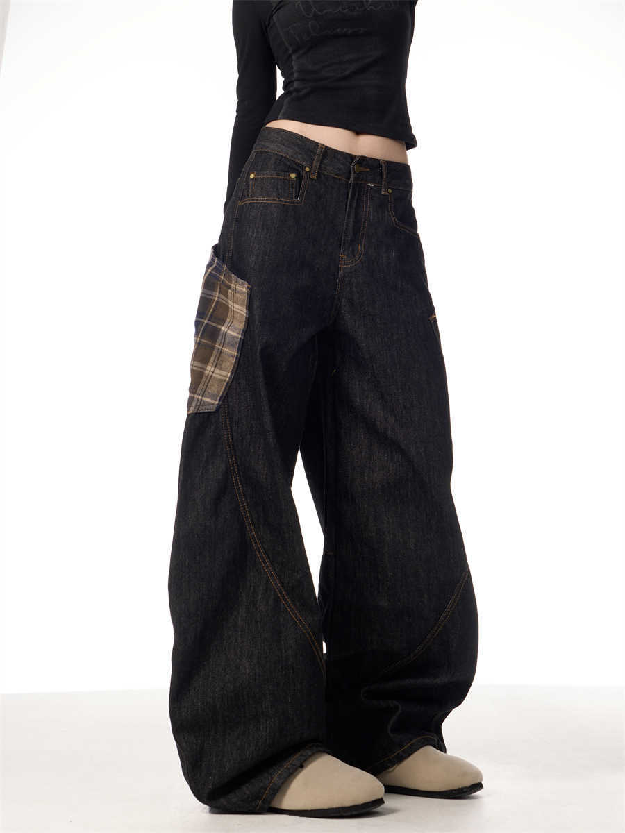 Retro Plaid Stitching Jeans Women's Straight Wide-leg Pants