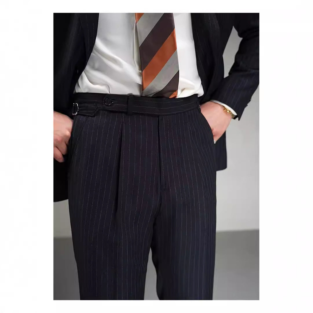 Autumn Wool Blended Single Pleated Striped Suit Pants