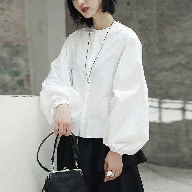 Spring And Autumn New Stand-up Collar Puff Sleeve White Shirt