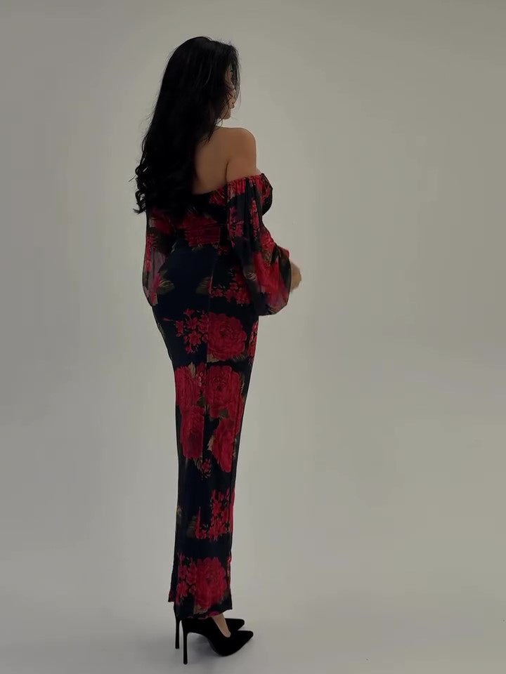 Boat Neck Floral Long-sleeved Dress