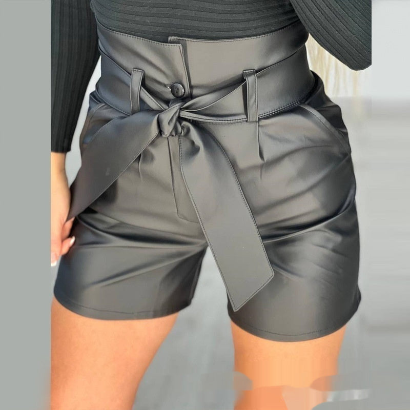 High Waist Black Strap Slim Fit Pu Shorts Belted