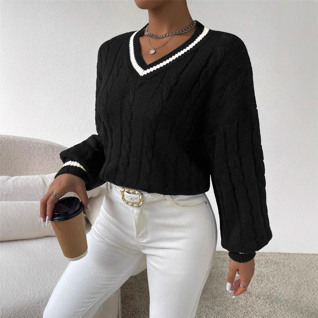 Autumn And Winter Elegant Contrast Color Twisted Loose V-neck Fashion All-matching Women's Sweater