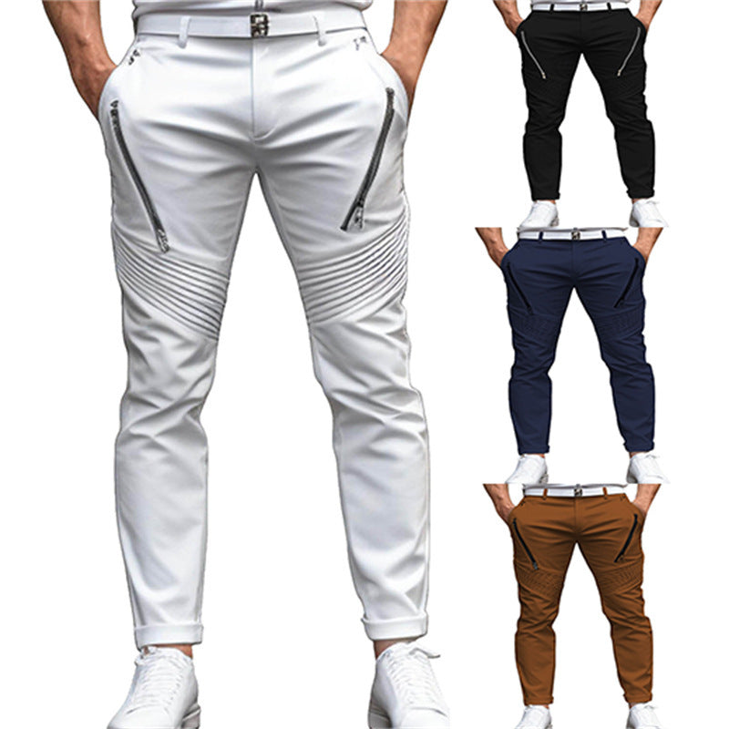 Men's Fashion Street Daily Solid Color Zipper Pleated Slim Fit Stretch Pencil Skinny Pants