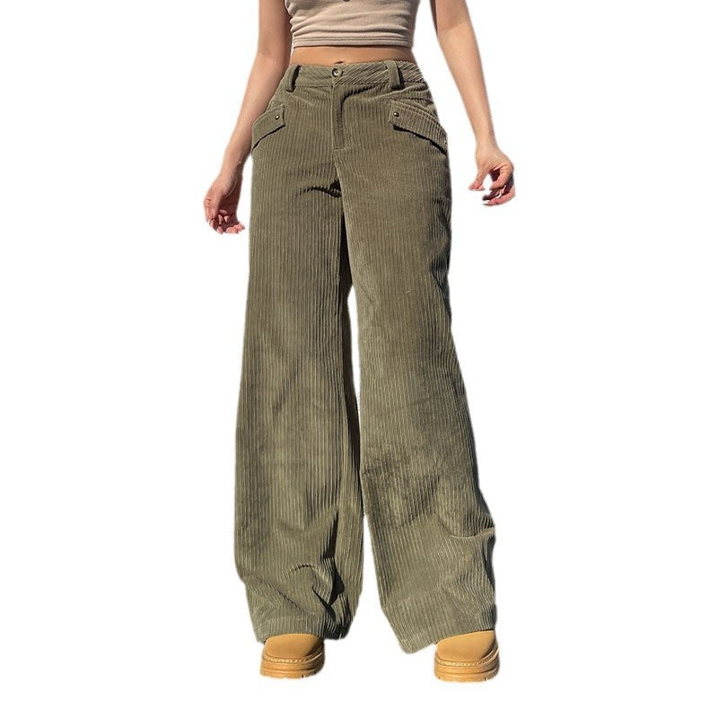 High Waist Straight All-matching Corduroy Flanging Pocket Loose Casual Pants