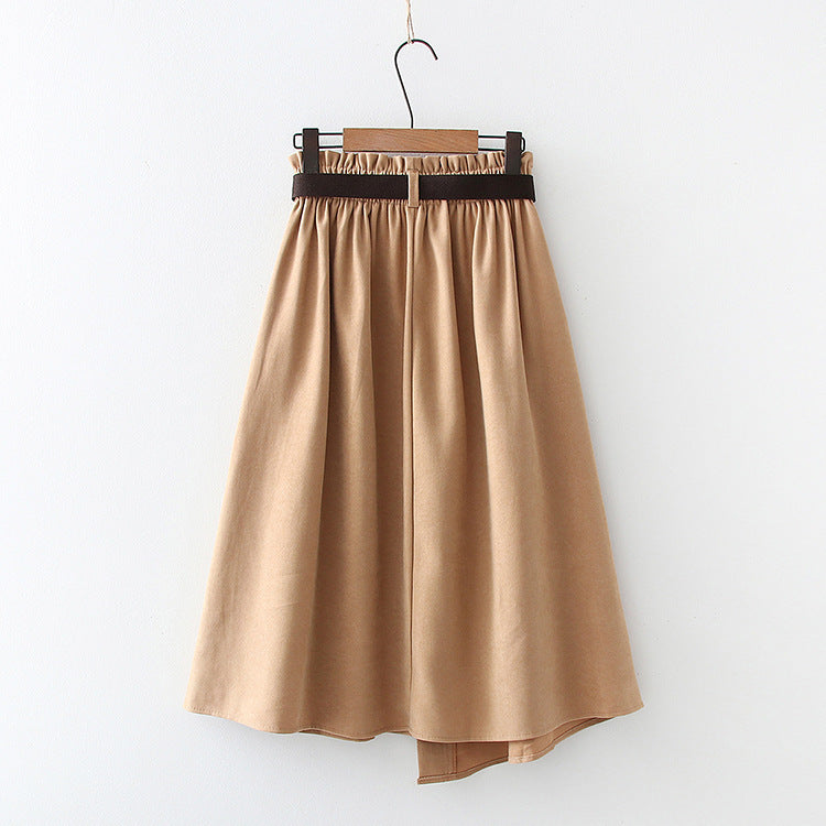 Solid Color Leisure Artistic Pocket High Waist Slimming Irregular Midi Skirt