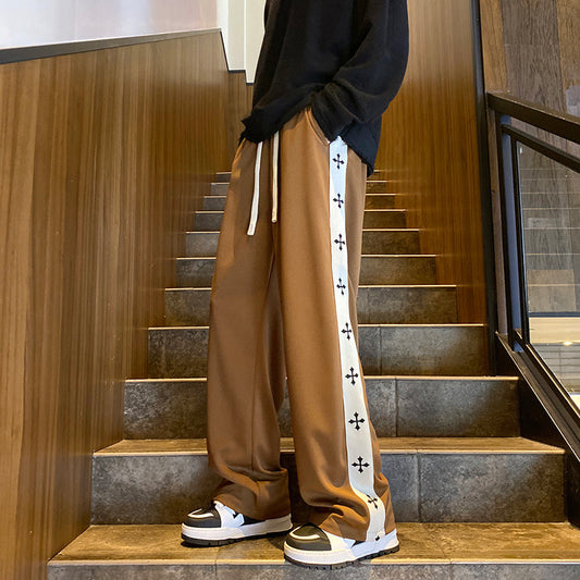 Simple Side Cross Men's Casual Pants Loose Latte Art Drape