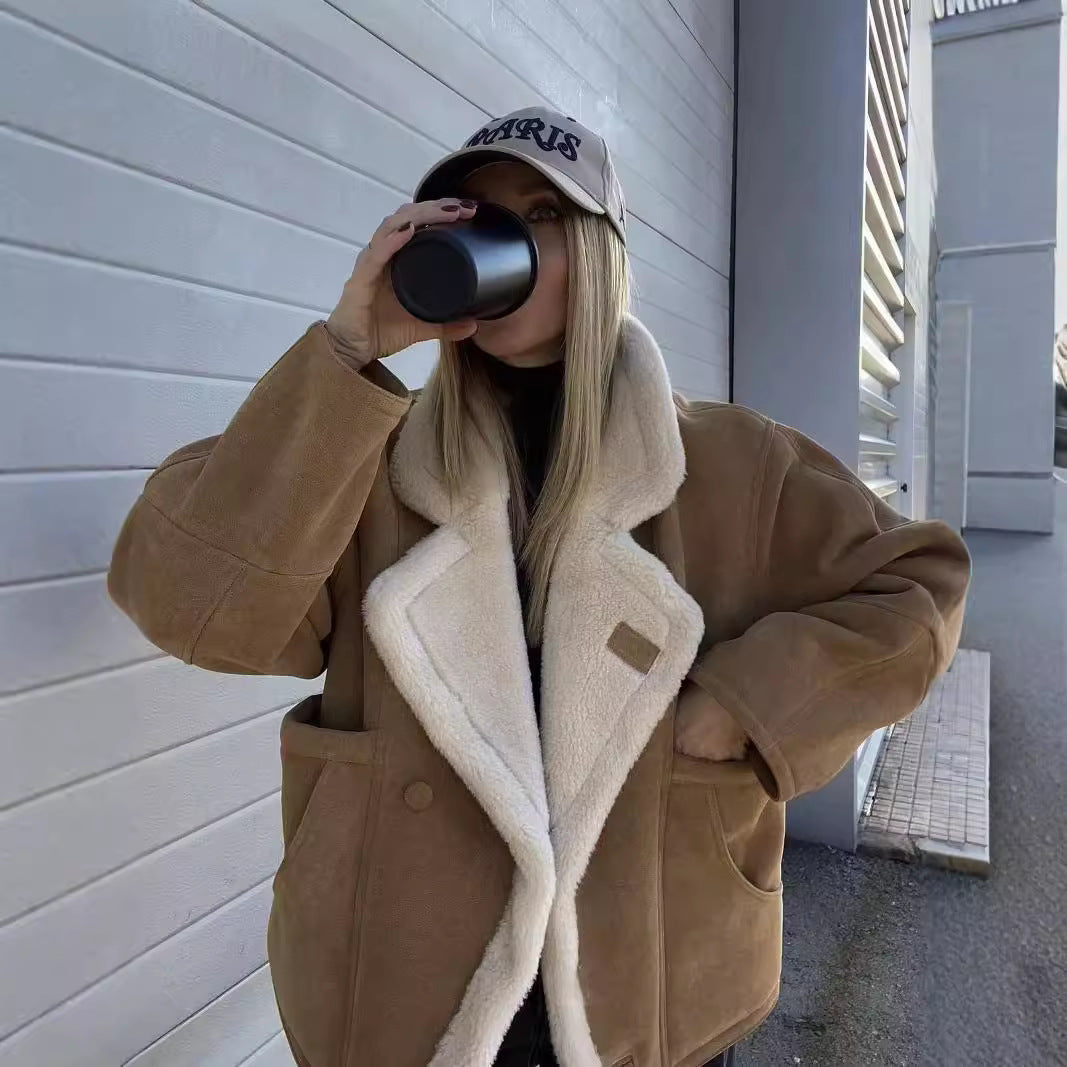 Fashionable Warm Vintage Lamb Wool Baggy Coat Women