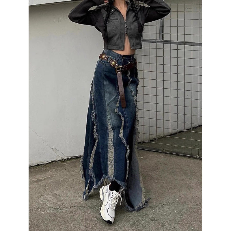 European And American Style Irregular Wool Tassel Tassel Denim Skirt