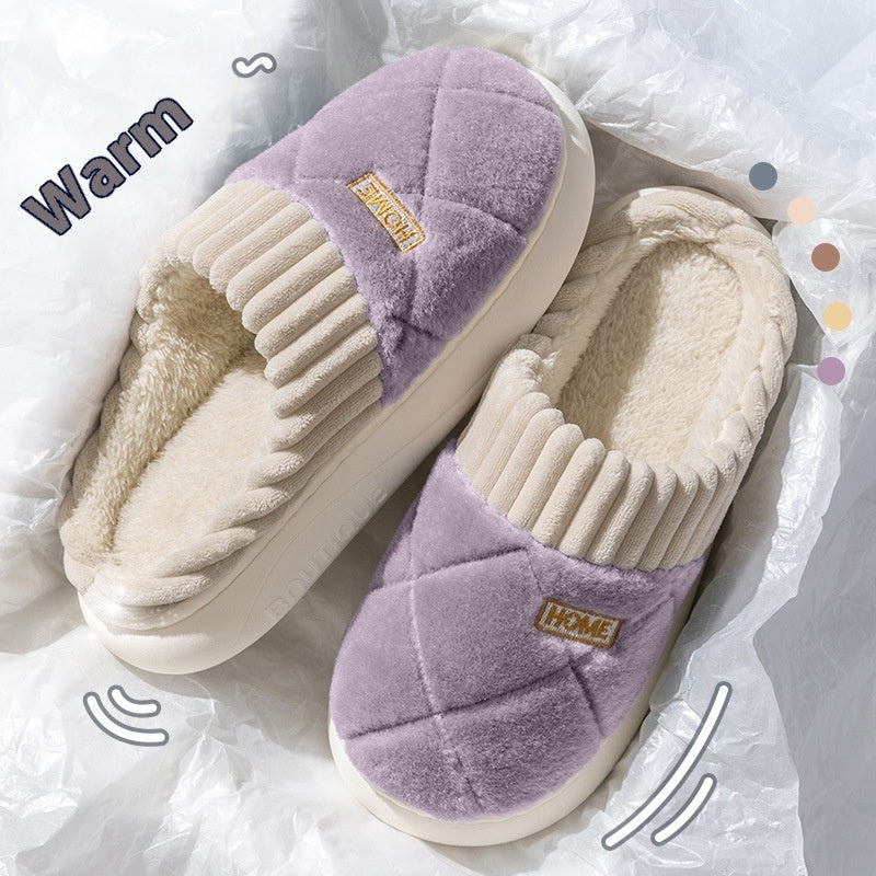 Men's Rhombic Sewing Plush Slippers Winter Warm Non-slip House Shoes For Women Bedroom Floor Home Slipper Couple