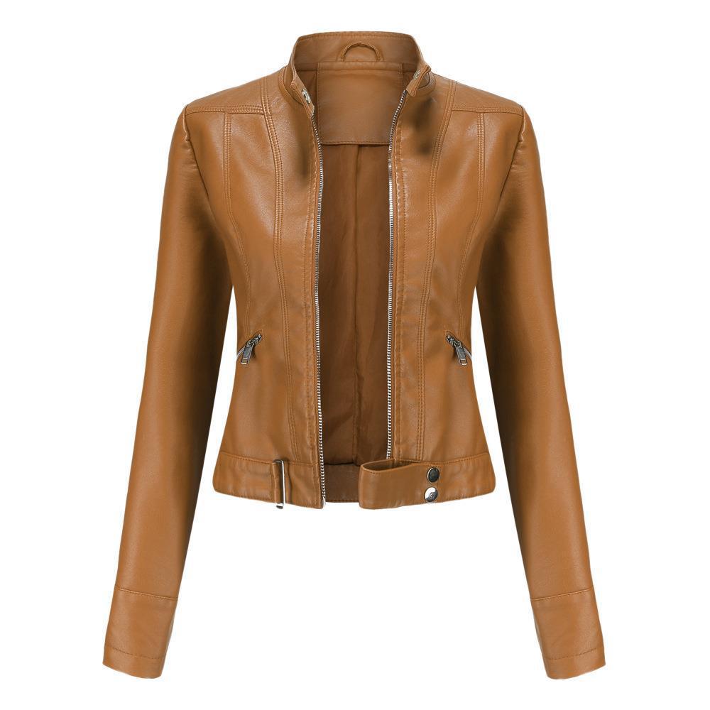 Women's Short Leather Jacket Stand Collar Jacket Thin