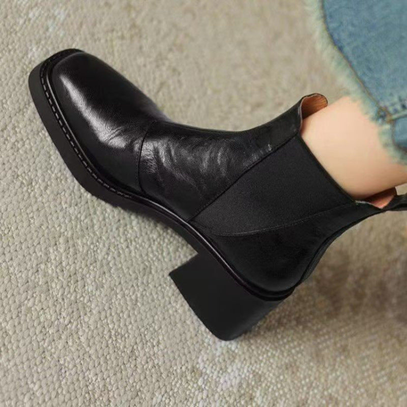 Women's Soft Leather Chunky Heel French Boots