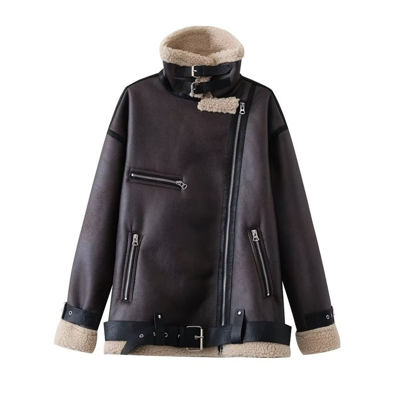 New Women's Fleece-lined PU Coat Lamb Wool Thickened Coat