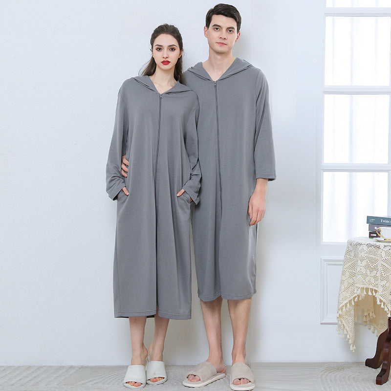 Zipper Bathrobe Couple Hooded Nightgown Thin Pajamas