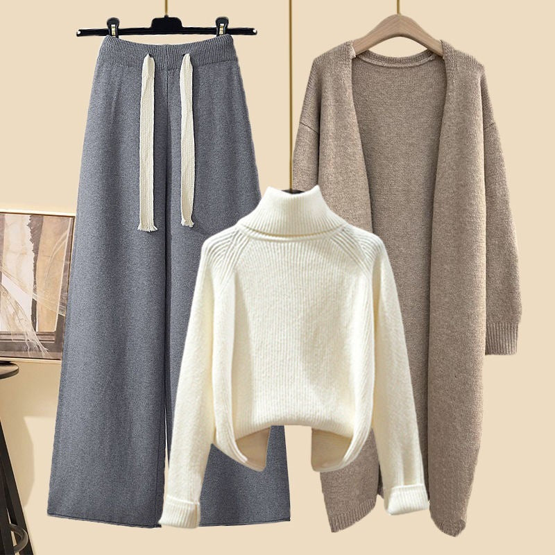 Idle Style Three-piece Set Thick Turtleneck Sweater Wide Leg Pants Wear Long Cardigan Jacket Slimming