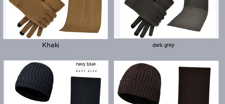 Winter Solid Color Scarf Hat Gloves Knitted Three-piece Suit