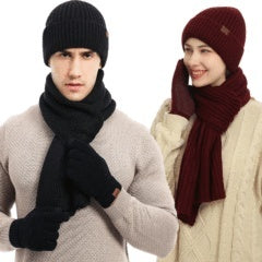 Winter Solid Color Scarf Hat Gloves Knitted Three-piece Suit