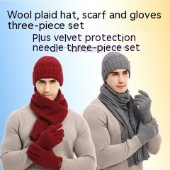 Winter Solid Color Scarf Hat Gloves Knitted Three-piece Suit