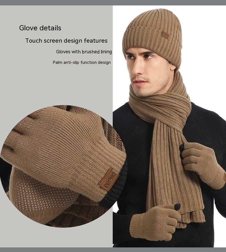 Winter Solid Color Scarf Hat Gloves Knitted Three-piece Suit