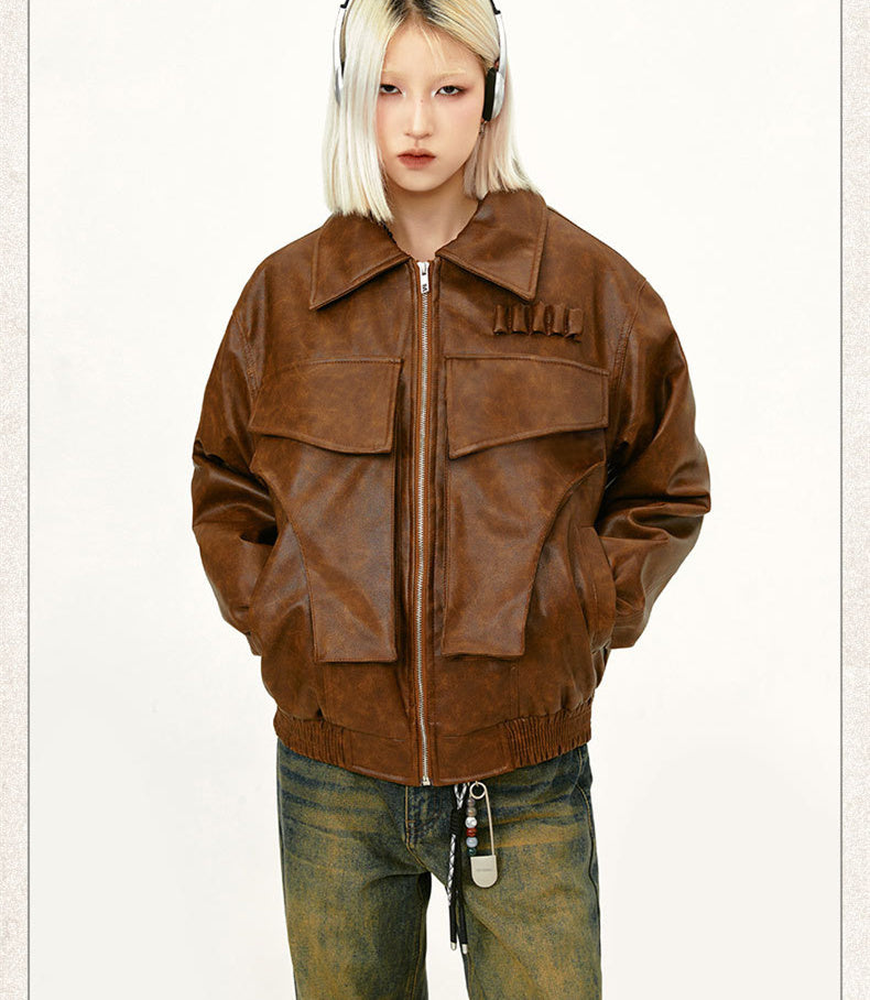 American Street Retro Large Pocket Lapels PU Leather Coat