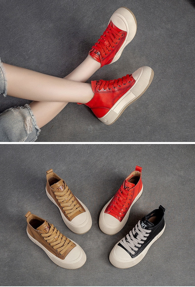 High-top Casual Sneakers First Layer Cowhide Toe Box Women's Shoes Vintage