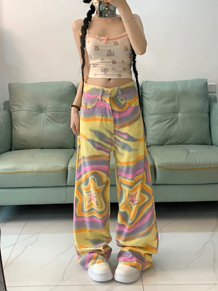 Women's Colorful Blooming XINGX Jeans Loose High Waist Straight-leg Pants