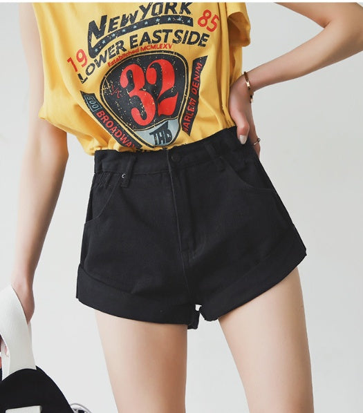 High waist denim shorts female elastic waist waist cuff wide leg pants shorts loose new retro Korean version