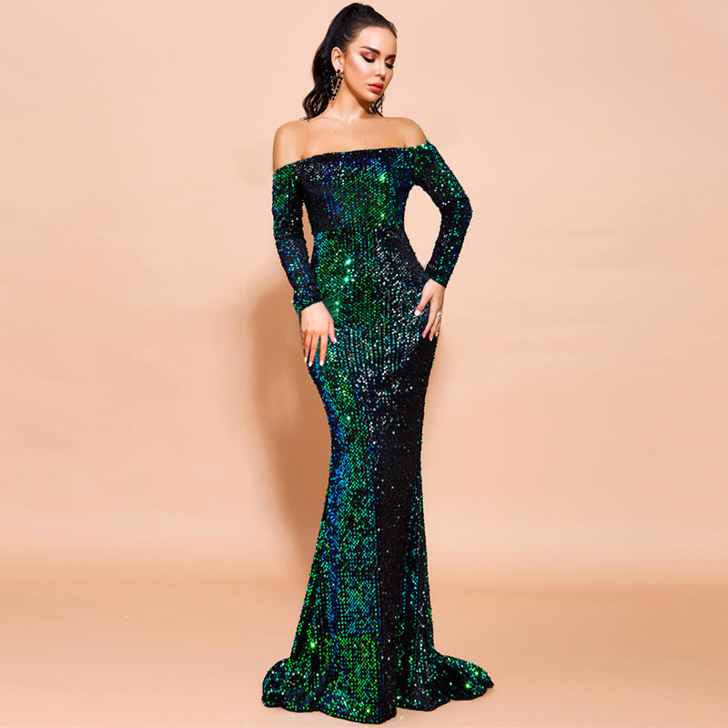 Sexy Strapless Long Sleeve Sequins Party Evening Dress