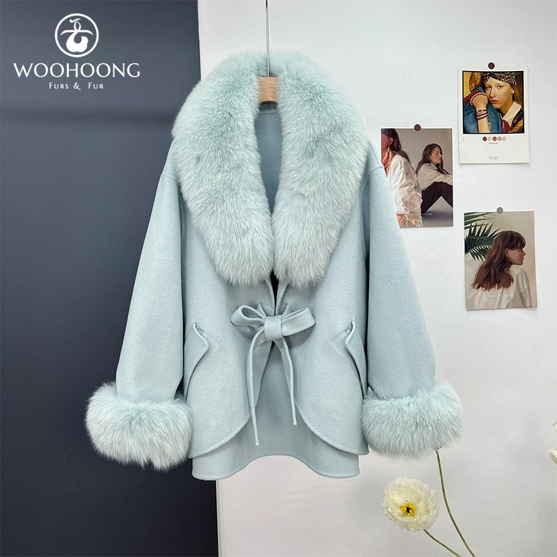 Wool Double-sided Woolen Coat Women's Mid-length Cape Shawl Fox Fur Appearance