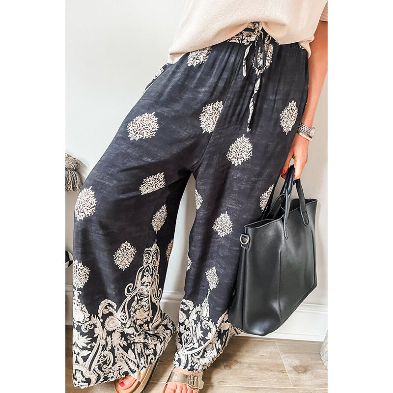 Autumn Vintage Printed Fashion Loose Drawstring High Waist Casual Pants For Women