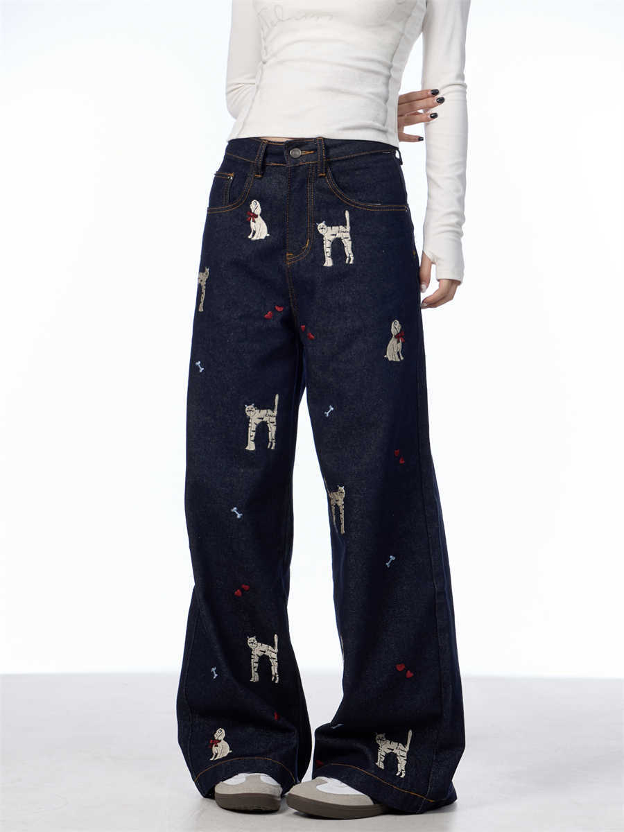 Animal Print Wide Leg Jeans Women's Loose Casual Pants