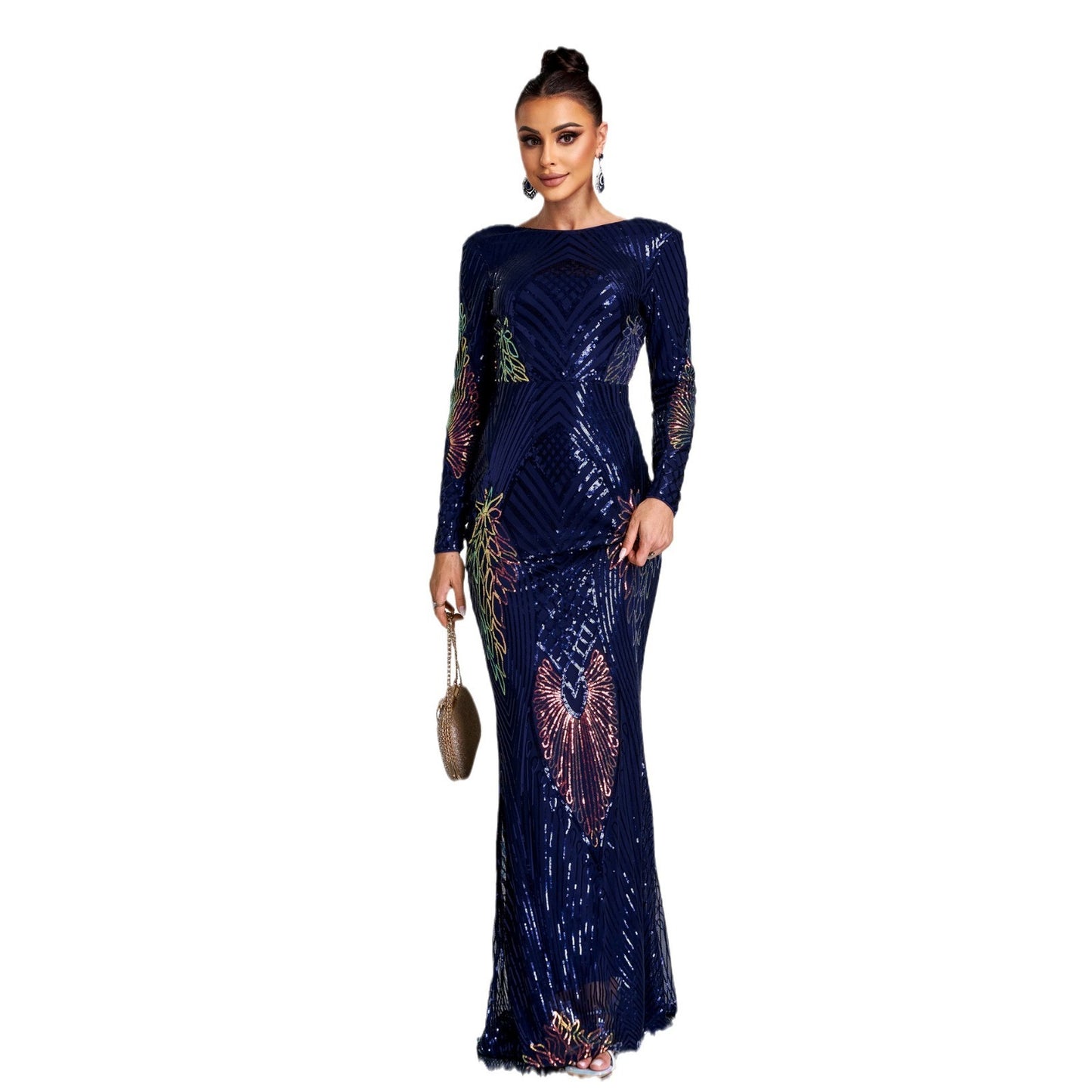 Long Sleeve Temperament Crew Neck Sexy Long Sequined Banquet Evening Dress