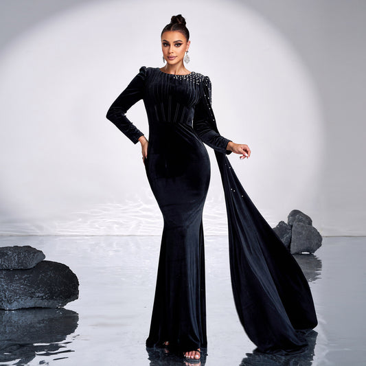 Velvet Round Neck Long Sleeve Rhinestone Evening Dress