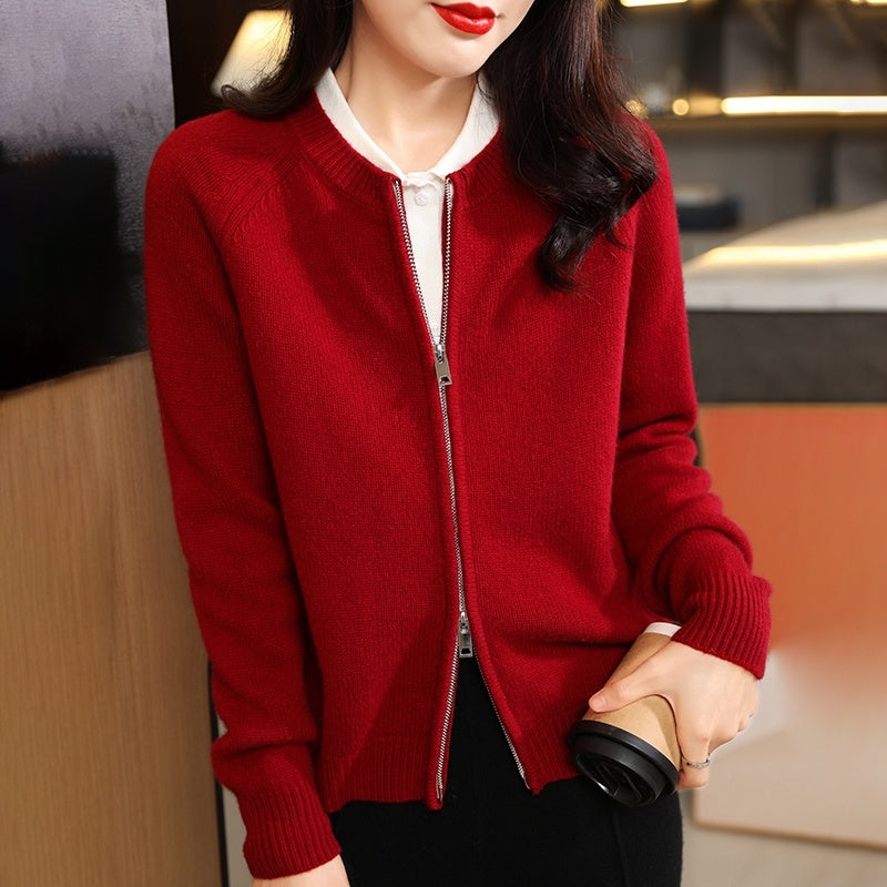 Autumn And Winter Pure Wool Cardigan Women's Round Neck Loose